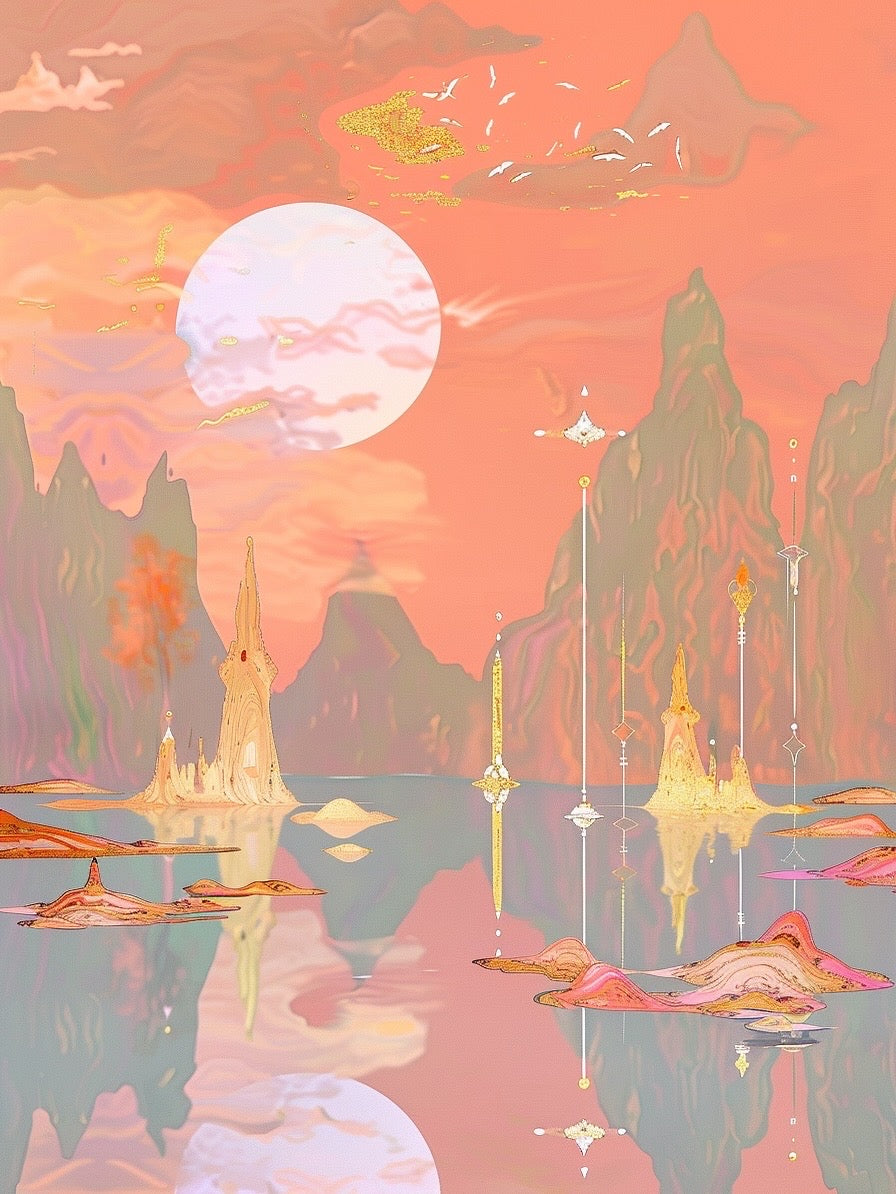 Fantasy landscape with mountains, a lake, and a large moon in an orange sky.